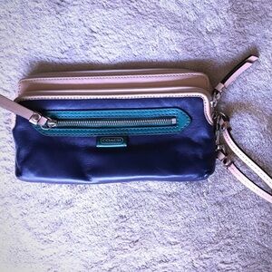 Coach - navy, green and tan leather wristlet